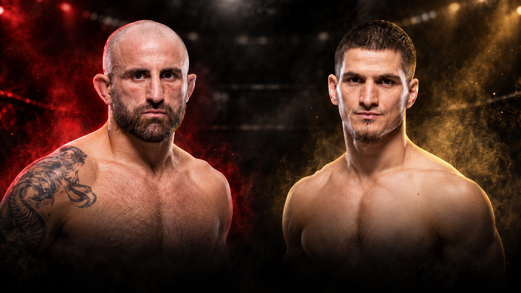 KI-Illustration: Alexander Volkanovski links, Movsar Evloev rechts